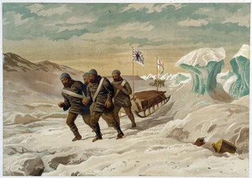Menn og slede på isen - i "" The shores of the polar sea, an Arctic expedition narration"", av Dr. Edward Moos, Marcus Nard & Co, London
