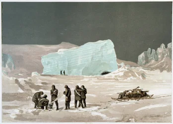 Menn og slede på isen - i "" The shores of the polar sea, an Arctic expedition narration"", av Dr. Edward Moos, Marcus Nard & Co, London