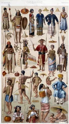 Menn og kvinner som representerer de forskjellige folkene i Oceania. 1800-talls gravering.