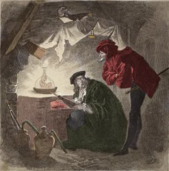 Mefistofeles (Mephisto), en Faust-illustrasjon til «Faust» av Johann Wolfgang von Goethe (1749-1832), illustrasjon til Goethes «Faust», gravering