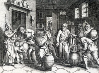 Mirakel av Elisee, bibelsk profet og disippel av Elia som med kappen sin formidler sin ånd og krefter til ham. Gravering fra 1724.