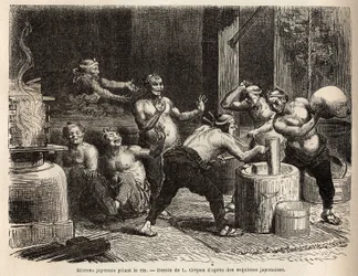 Mitroner banker ris, før den brygges for å lage risøl. Gravering for å illustrere reisen til Japan, av Aime Humbert, minister for det sveitsiske konføderasjonen, i 1863-1864, publisert i "" Le tour du monde""" 1869, redigert av Edouard Charton, utgave Hach