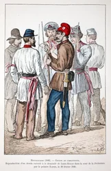 Montagnards (1848), en gruppe kjempere, hvorav én bærer den frygiske luen og den revolusjonære kokarden. Fargeetsning, reproduksjon av en tegning utført på anmodning av Alexandre Ledru-Rollin (1807-1874) i gårdsrommet