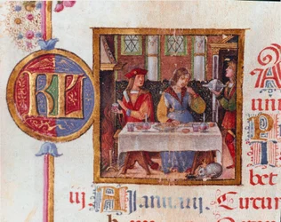 Januar måned: bankettscene. Miniatyr fra Breviary of Hercules (Ercole) I d'Este (1431-1505), hertugen av Ferrara 1400-tallet Modene, Biblioteca Estense
