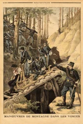 Fjellmanøver i Vogesene til en bataljon av alpine jegere med en forespørsel om en schlitte, slede for hogst. Gravering i "" Le petit journal"" 19.07.1896. Selvas samling.
