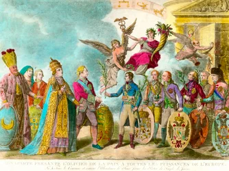 Napoleon Bonaparte (1769-1821) presenterer fredens oliventre til alle maktene i Europa. Gravering 1801 Privat samling