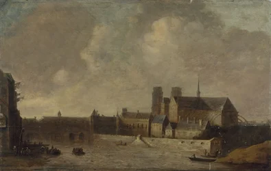 Notre-Dame og erkebiskopens palass, sett fra Quai de la Tournelle, cirka 1640, dagens 4. arrondissement, mellom 1635 og 1645 (olje på tre)