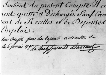 Ordre fra sentraladministrasjonen til avdelingen i Ain, signatur av Duke de la Rochefoucauld Liancourt - Rochefoucauld Family Archives.