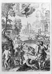 Ovid (Ovidius) - illustrasjon til bok 15 - (P. Ovidius Nasonis Metamorphose libri XV um notis TH. Farnabii.) notat av Thomas Farnaby (Farnabia) (1575-1647)