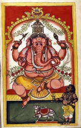 Side som viser den hinduistiske guddommen Ganesha (Ganesh eller Ganapati), beskytter av handelsmenn, reisende og tyver. Side hentet fra manuskriptet (ms.8300) "" History of Mogol"" (Moghul eller Moghol) av Stefano Nivibus Cardeira. 18. århundre. Bibloteca 