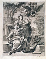 Side av frontispice av partituret til "" Opus 1 "" (12 store konserter) av Pietro Locatelli (1695-1764) - Noter til "" 12 grossos konserter "av Locatelli 1721 Bologna, borgerlig musikkmuseum