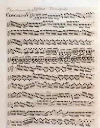 Side med partitur av fiolin på konsert V i Prøvelsen av harmoni og oppfinnelse av Antonio Vivaldi