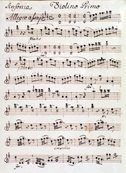 Side av notene for den første fiolinen til symfoni nr. 4 i D, av Mozart (1765)