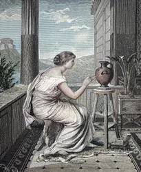 Maler, kunstner, ung gresk kvinne som maler en vase, historisk, digital reproduksjon av et originalt kunstverk fra 1800-tallet