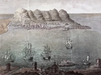 Panoramautsikt over Gibraltar og Gibraltarstredet. 1800-tallet. Madrid, Nasjonalbiblioteket.