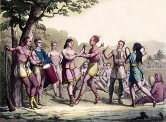 Festscene blant Iroquois-indianerne. 1600-talls gravering.