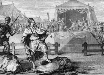 Pepin le Brief (714-768), the new king of the Franks, proves his courage by fighting a lion and a bull in an arena, 751. Engraving of the 18th century.