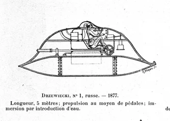 Plate som representerer ubåten Drzewiecki 1, en pedalubåt designet av oppfinneren og ingeniøren Stefan K. Drzewiecki (1844-1938). 1877 ca.