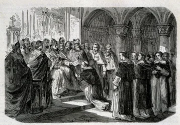 Pave Adrien II (792-872) overleverte til en av sine legater en boble av ekskommunikasjon mot Lord Normand. Gravering - i "" Pavenes historie"", sd. 1800-tallet.