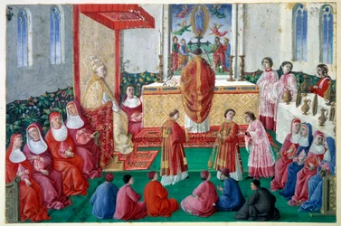 Pave Sixtus IV (1414-1484) deltar i messen i Det sixtinske kapell ved Vatikanets miniatyrdecoupé på 1400-tallet. Søn 0,1x0,16 m Chantilly, musee Conde