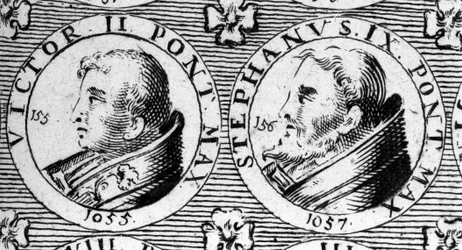 Pavene Victor II (eller Victor 2 døde 1057) og Stephen IX (eller Stephane 9 døde 1058). Gravering fra 1700-tallet.