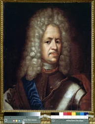 Portrett av Alexander Danilovich Menshikov, Generalissimo, prins av Det hellige romerske rike og hertug av Ungarn (1673-1729). Anonymt maleri. Olje på lerret, 61 x 50 cm, ca 1720. Rokokkost. Statens historiske museum, Moskva.
