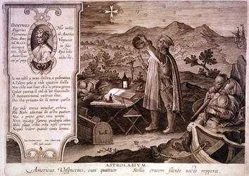 Portrett av Amerigo Vespucci (1454 - 1512), italiensk navigatør, representert mens han brukte en astrolabium. I en boks til venstre er et portrett av Dante Alighieri samt en passasje av den første sangen til Purgatory of the Divine Comedy. Gravering av det