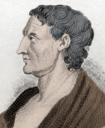 Portrett av Aristoteles, kjent som stagiritten, på gresk Aristoteles, gresk filosof (384 f.Kr. til 322 f.Kr.). Gravering fra 1800-tallet.