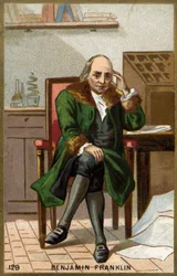 Portrett av Benjamin Franklin (1706 - 1790), amerikansk politiker, minnetegner, brosjyre og fysiker.