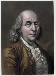 Portrett av Benjamin Franklin, amerikansk politiker og fysiker (1706-1790) - i "" The Old and Modern Costume"" av Jules Ferrario 1819-1820