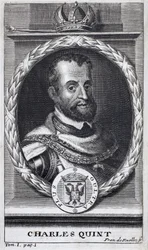 Portrett av Karl V (1500-1558), konge av Spania og Spansk Amerika, konge av Sicilia og keiser av Det hellige romerske rike germansk (1519-1556). Gravering for å illustrere "History of the War of Flanders", av Flamianus Strada, utgave Joseph T