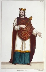 Portrett av Clotaire (Clothaire) I (497 - 561), konge av Neustria og konge av frankerne. gravering fra 1830