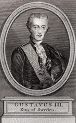 Portrett av Gustave III (1746-1792), konge av Sverige fra 1771 til 1792, gravering av 1787 "" Collection to the Soldiers of Yesteryear""