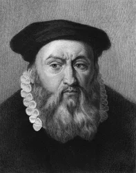Portrett av Jean Calvin (1509 - 1564), fransk religiøs reformator og forfatter - i "Histoire des Français"" av Lavallée, gravering, n.d.