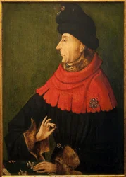 Portrett av Jean Sans peur, hertug av Burgund (1371-1419). Ringen han holder i hånden er rubinen i Burgund kjøpt av Filip Hardi i 1397, som ble bevart i klosteret Saint Benigne i Dijon og overlevert av abbeden til hver ny hertug.