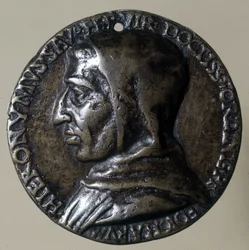 Portrett av Jerome Savonarola eller Girolamo Savonarola (1452 - 1498), italiensk predikant. Han etablerte et teokratisk regime i Firenze. Tidens medaljon.