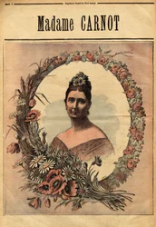 Portrett av Madame Cecile Dupont-White (1841-1898), giftet seg i 1863 med Sadi Carnot (1837-1894) president i den franske republikken fra 1887 til 1994. Gravering i "" Le petit journal illustrious"" 29/11/1890. Selvas samling.