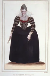 Portrett av Margaret av Valois, kjent som dronning Margot (1553 - 1615), dronning av Navarra, første kone til Henry IV. gravering fra 1830