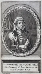 Portrett av Margarita av Parma (eller Margarita av Østerrike) (1522-1586), hertuginne av Parma og Piacenza, naturlig datter av Charles V (1500-1558) og guvernør i Nederland (Nederland) fra 1559-1581. Gravering for å illustrere "History of the War of Fla