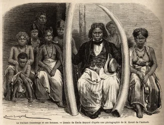 Portrett av en afrikansk elfenbensforhandler omgir konene hans. Tegning av Emile Bayard (1837-1891), for å illustrere reisen til Gabon, i 1861-64, til doktor Griffon du Bellay. Gravering i "" Le tour du monde"", redigert av Edouard Charton