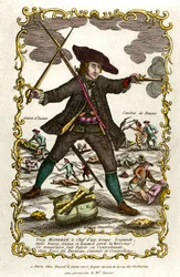 Portrett av den franske briganden Louis Mandrin (ca. 1725-1755). Bak ham, Autuns handling og Baunes kamp. Gravering fra 1700-tallet. Privat samling