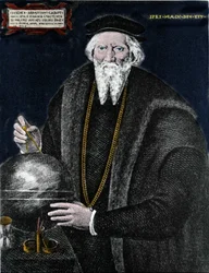 Portrett av navigatøren Sebastiano Caboto (Sebastien Cabot) (1476 - 1557), som sammen med sin far oppdaget Labrador og Newfoundland. Gravering.