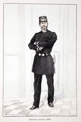 Hovedinspektør (1894). Etsning i farger, for illustrasjon "" History of the corps of peacekeepers""" bok utgitt i regi av Louis Lepine (1846-1933), prefekt for politiet på Seinen, av Alfred Rey (1864-?) og Louis Feron (1862) -?)