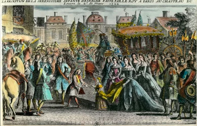 Mottakelse av Spanias spedbarn Marie Anne Victoire (1718-1781) av kong Louis XV i Paris ved Louvre 2. mars 1722. Mariana Victoria de Borbon ble forlovet i en alder av 3 med Louis XV i en alder av 11. Gravering av det 18. århundre. Privat samling