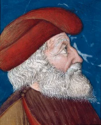 Representasjon av Aristide den rettferdige (550-467 f.Kr.) athensk statsmann Miniatyr hentet fra "" Paralleles of illustrious men""" fra Plutarch (46-125 e.Kr.) (MS. XV. 1) 1400-tallet. Cesena, Biblioteca Malatestiana
