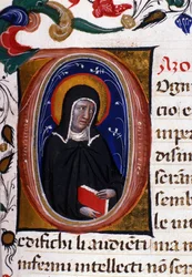 Representasjon av Saint Claire (Chiara) av Assisi (ca. 1192-1253), grunnleggeren av den religiøse ordenen Clares. Miniatyr fra et manuskript fra 1400-tallet.