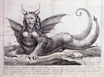 Representasjon av en harpy, et monster funnet i en peruansk innsjø: den har et menneskelig ansikt, horn, dragevinger, en løvemanke, kropp av et krypdyr, en kvinnes bryst (trykk 1784)