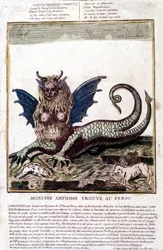 Representasjon av et monster funnet i en Perou-innsjø: det har et menneskelig ansikt, horn, dragevinger, en løvemanke, en reptilkropp, en kvinnes bryst. Populært trykk fra 1700-tallet.