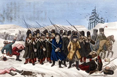 Tilbaketrukket fra den franske hæren i Moskva i 1812. Gravering 1800-tallet.norw