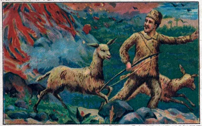 Robinson rømmer fra en vulkansk eksplosjon. Illustrasjon for boken til Daniel Defoe (De foe) "" Robinson Crusoe"". Kromolitografi fra slutten av 1800-tallet.